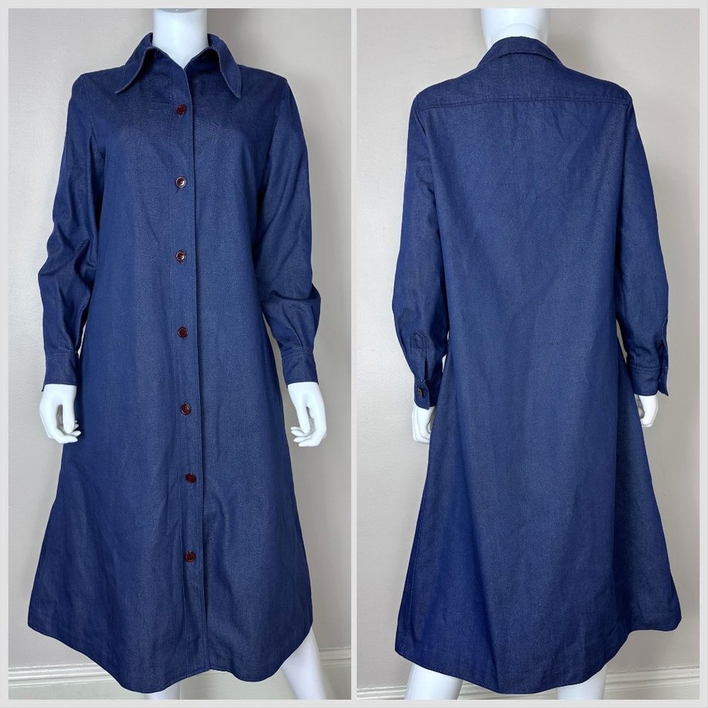 Vintage 1970s Halston Three Denim Dress Coat, Rain Jacket Size S-M Neiman Marcus